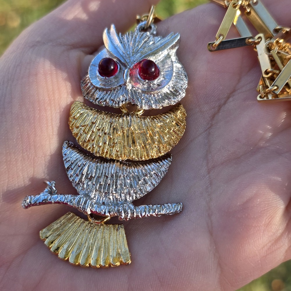 Vtg Necklace Large Owl Pendant Articulated Gold/Silver Tone Statement Red Eyes